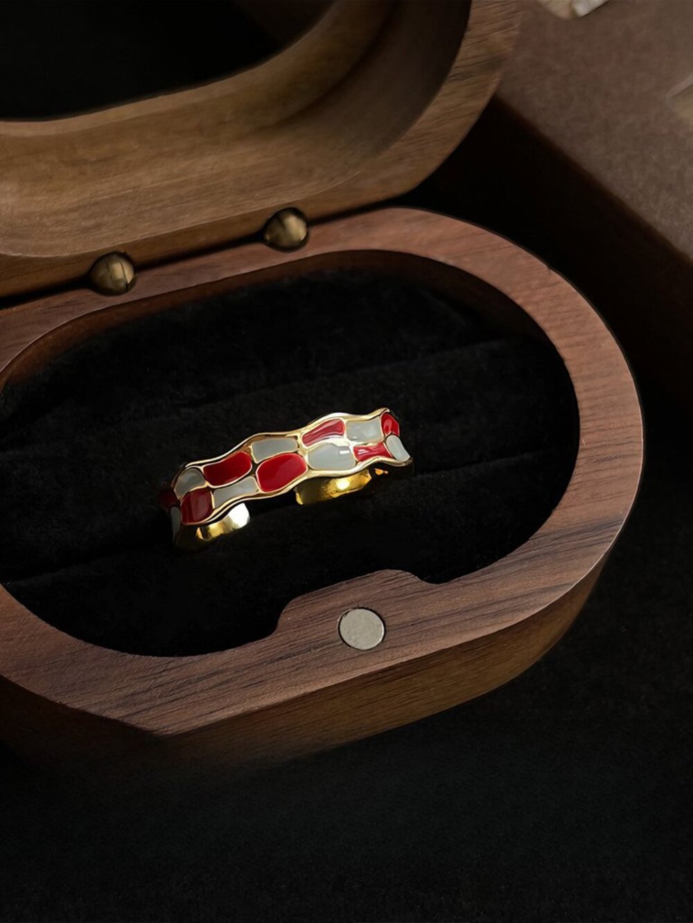 Adjustable Enamel Ring Gold Red White Open Ring Statement Ring